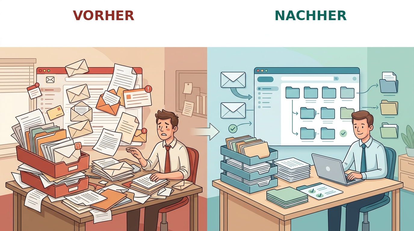 Vorher-Nachher-Vergleich: vom überfüllten E-Mail-Postfach zur übersichtlichen Ordnerstruktur